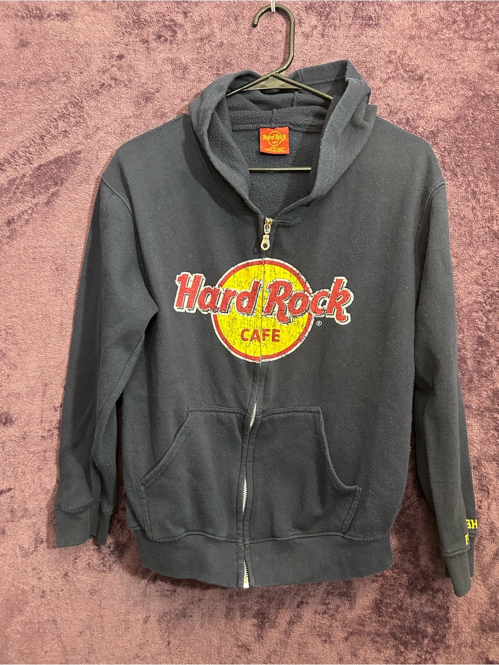 Hard Rock Cafe Black Zip Hoodie with Red & Yellow Logo